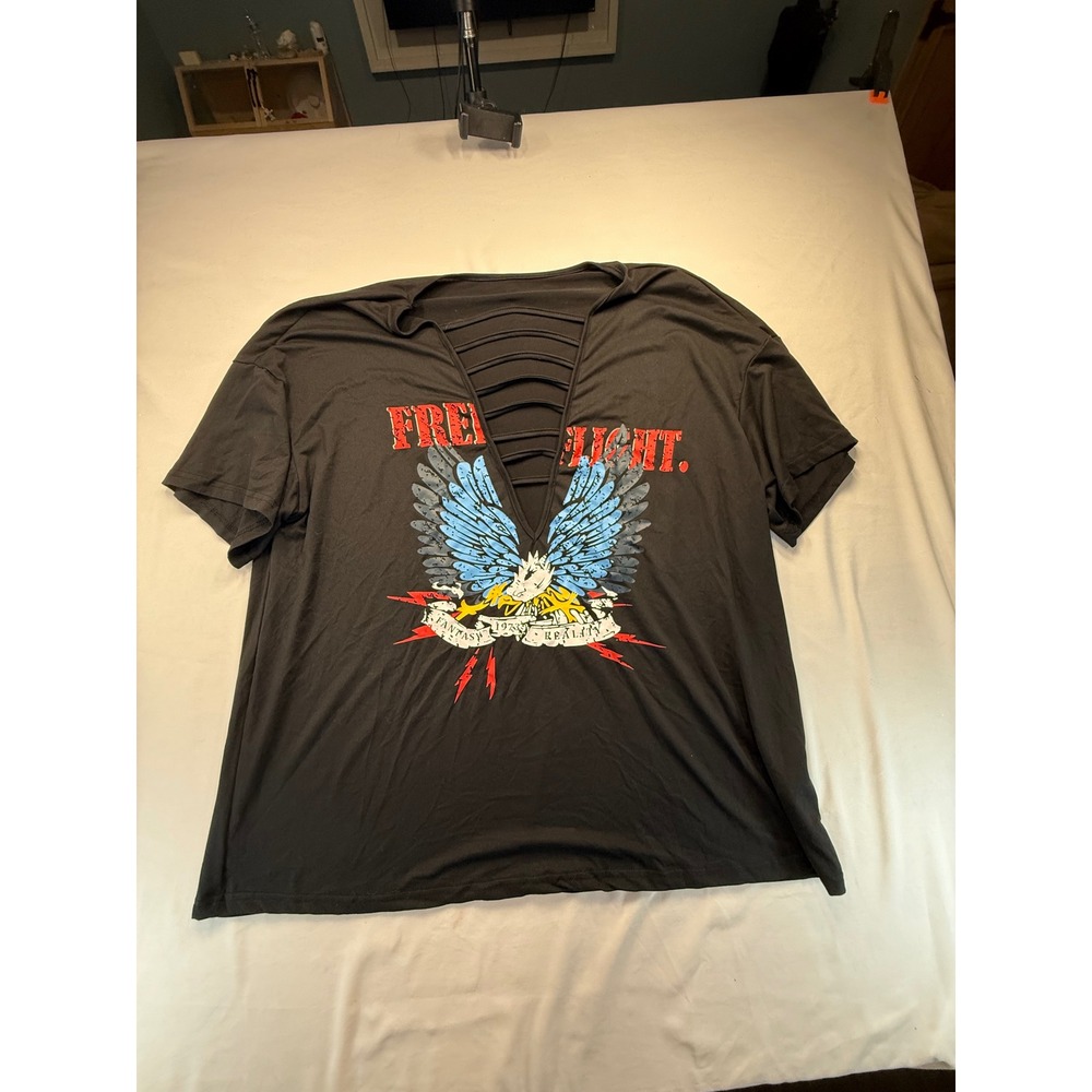 SHEIN Curve Women 2XL Black Free Flight Eagle Graphic Tee Ladder Cut Out V-Neck